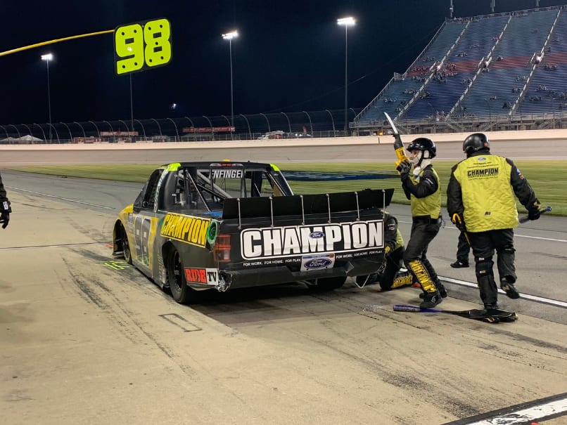 His teammate Grant Enfinger led 49 of the first 73 laps and won Stage 2 before finishing 16th. His teammate Grant Enfinger led 49 of the first 73 laps and won Stage 2 before finishing 16th.